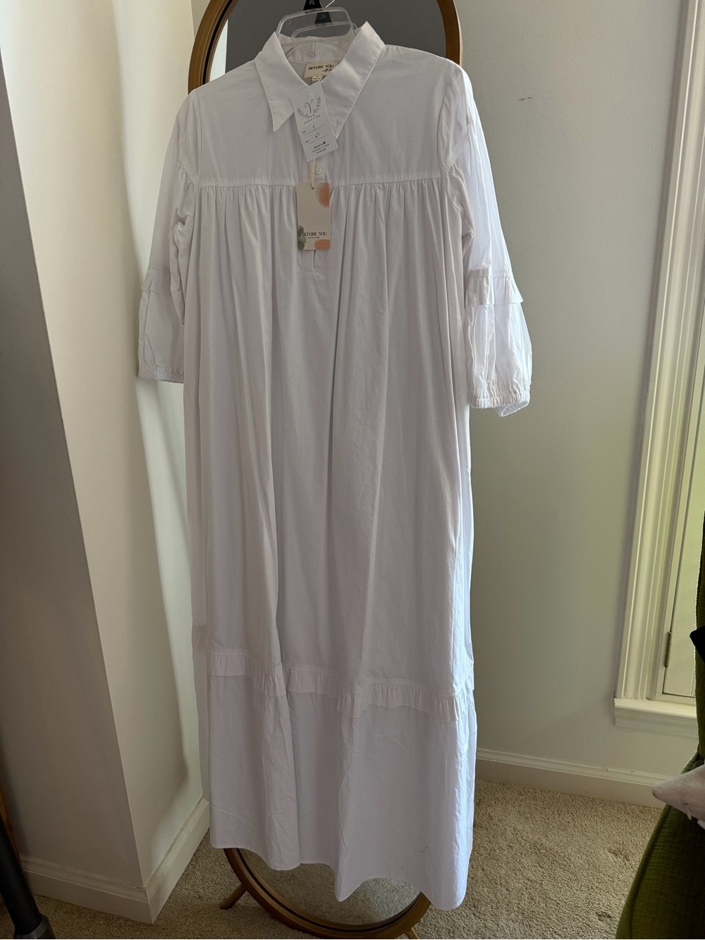 White Cotton Tiered Maxi Dress with Puff Sleeves NWT